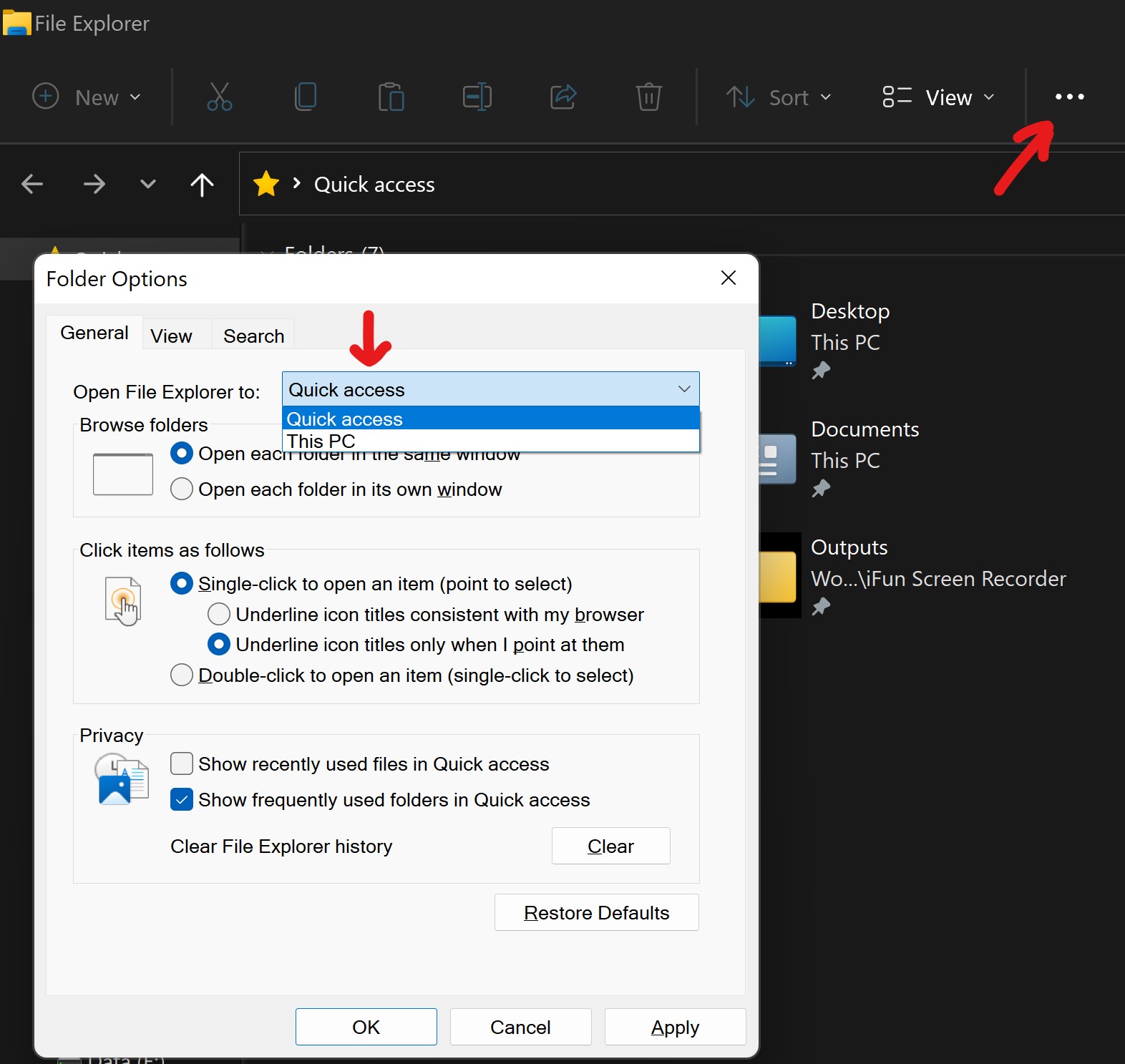 Explorer settings in Windows 11 21h2
